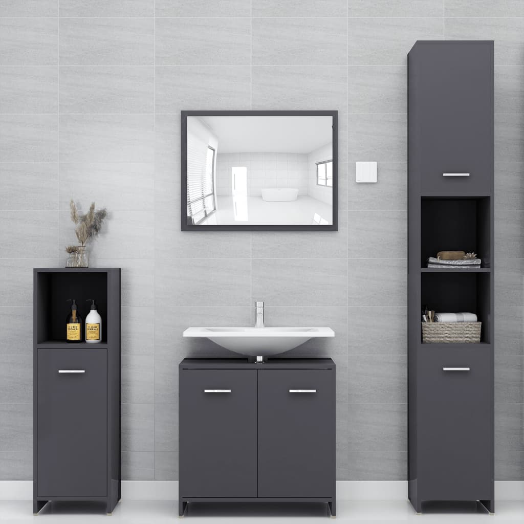 vidaXL 3 pcs conj. móveis casa de banho contraplacado cinza brilhante