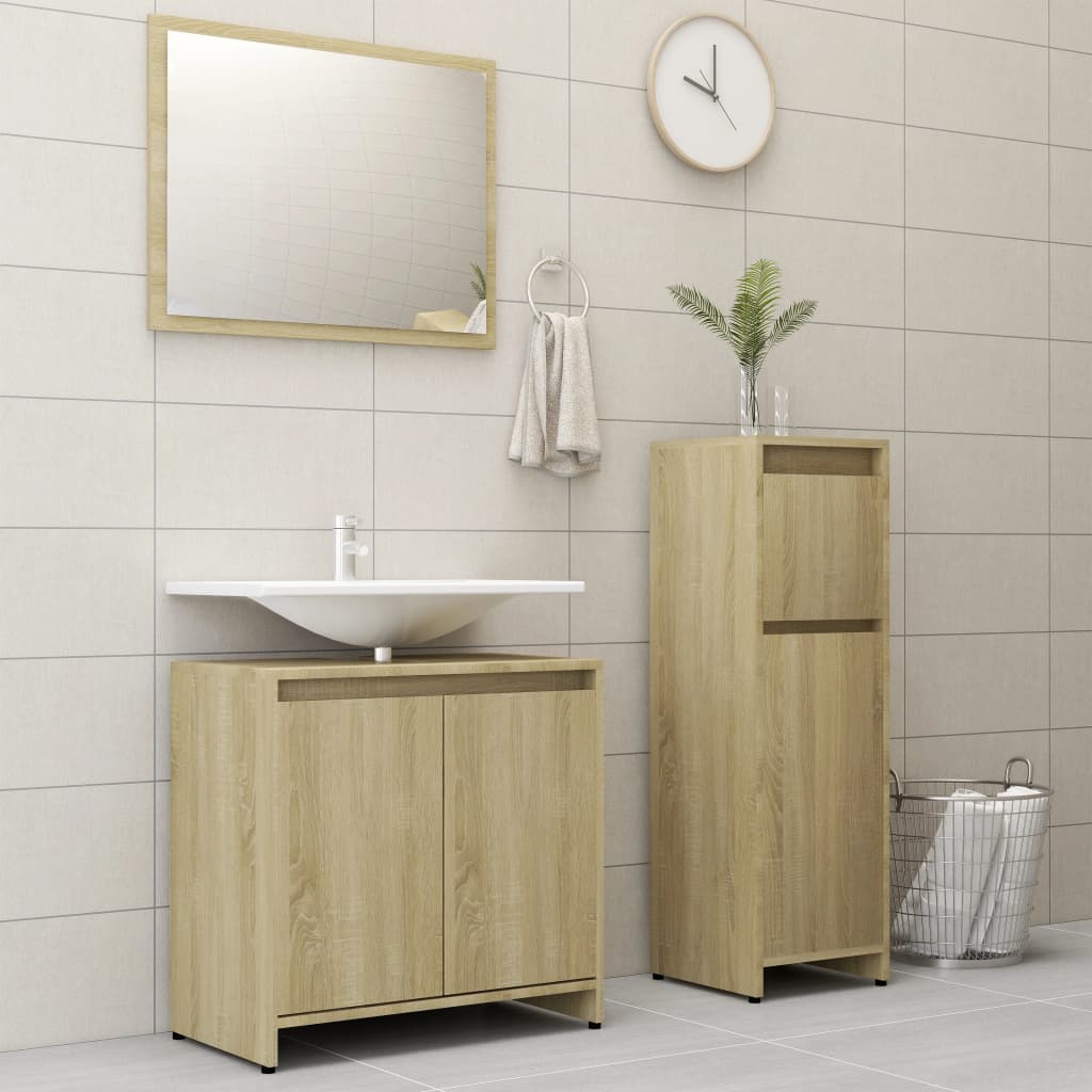 3 pz Set Mobili da Bagno，Armadietto da bagno，Mobiletto Bagno Rovere Marrone  in Legno Multistrato