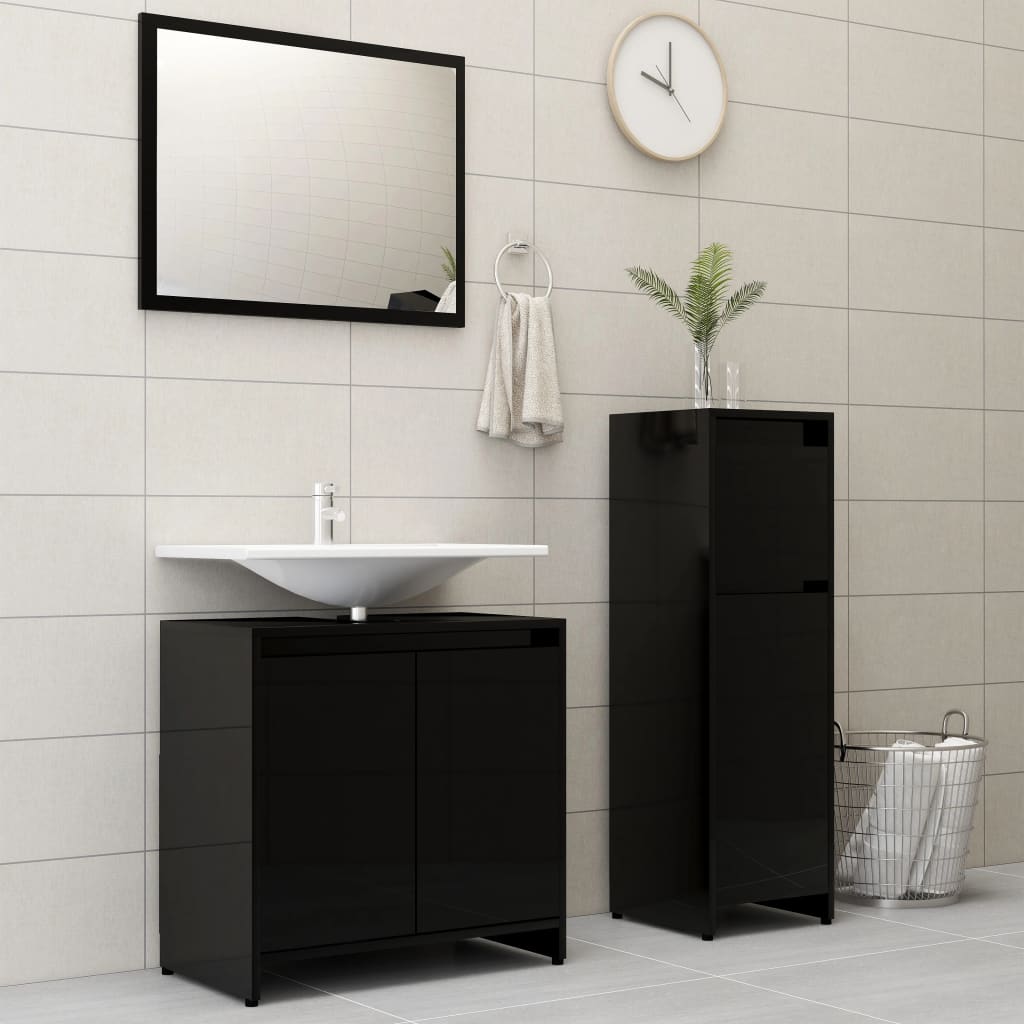 3 Piece Bathroom Furniture Set High Gloss Black Chipboard – Home and