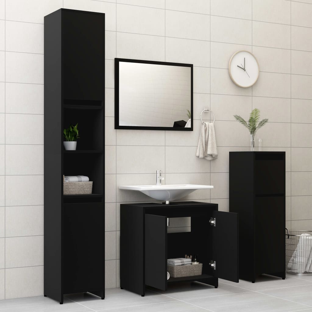  3-dielna súprava kúpeľňového nábytku, čierna, drevotrieska