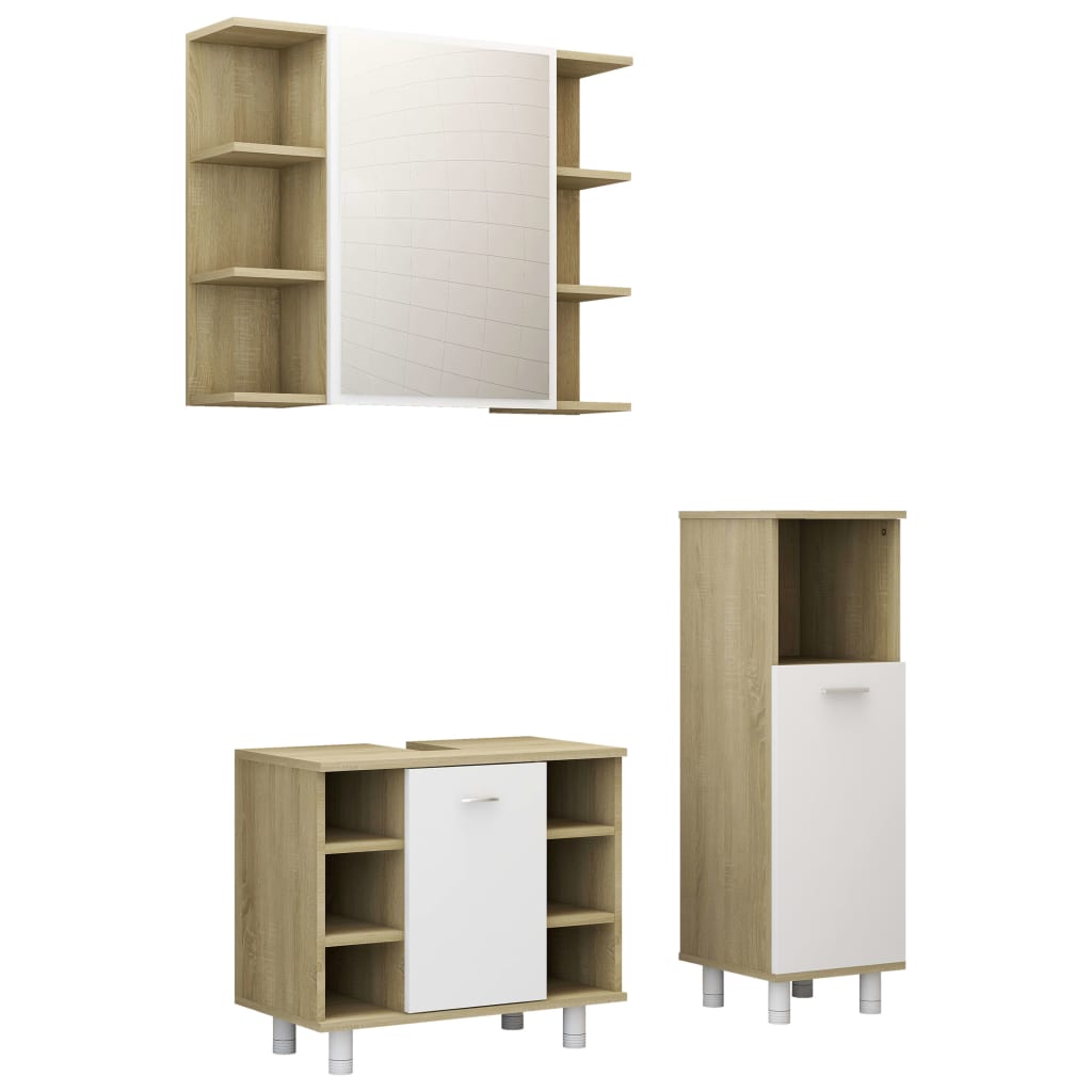 

vidaXL 3 Piece Bathroom Furniture Set White and Sonoma Oak Chipboard