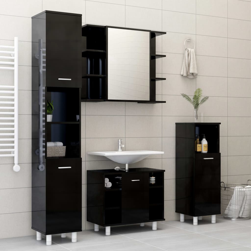 vidaXL Conjunto de muebles de baño 3 piezas aglomerado negro brillante