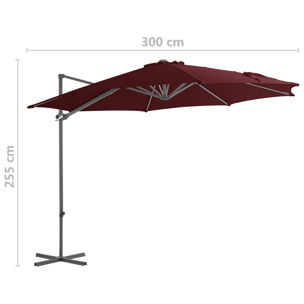 Parasol wiszący na stalowym słupku, bordowy, 300 cm