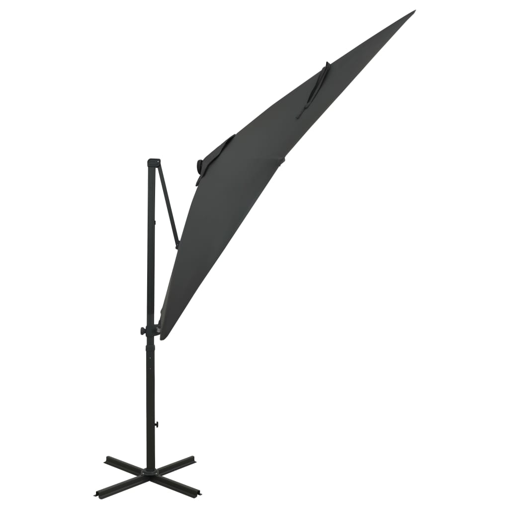  Závesný slnečník s tyčou a LED svetlami antracitový 250 cm