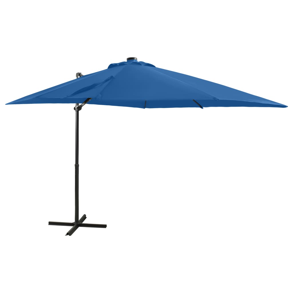 Poza vidaXL Umbrela suspendata cu stalp si LED-uri, albastru azuriu, 250 cm