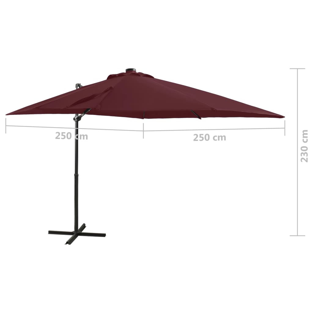 Umbrelă suspendată cu stâlp și LED-uri, roșu bordo, 250 cm