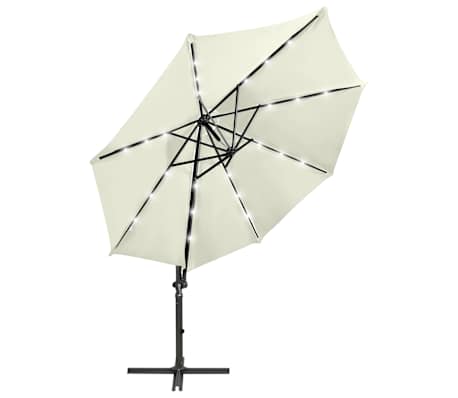vidaXL Parasol de jardin en porte-&agrave;-faux et m&acirc;t et lumi&egrave;res LED sable