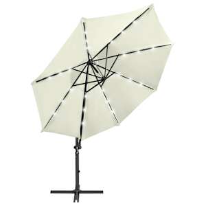 vidaXL Parasol de jardin en porte-&agrave;-faux et m&acirc;t et lumi&egrave;res LED sable