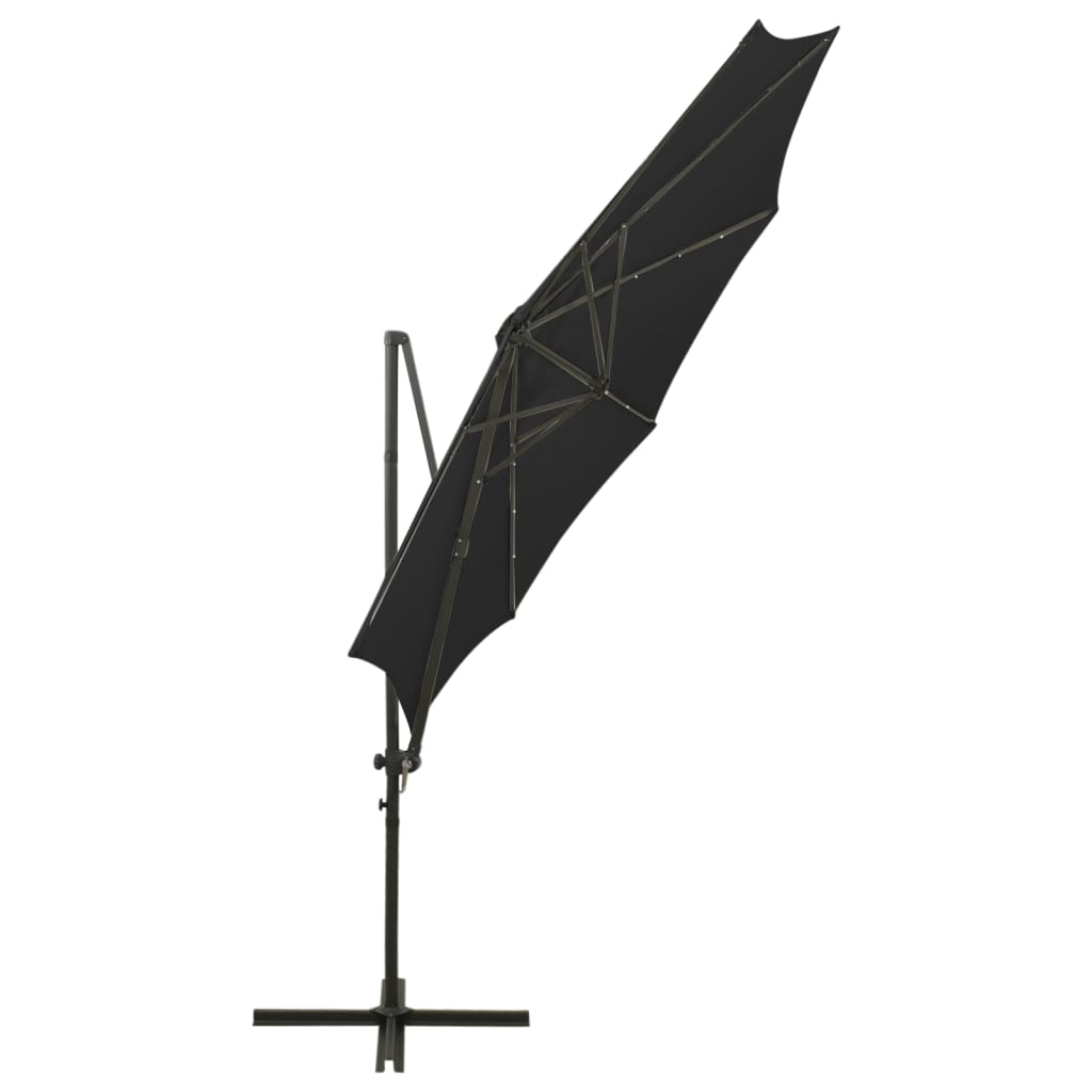  Závesný slnečník s tyčou a LED svetlami čierny 300 cm