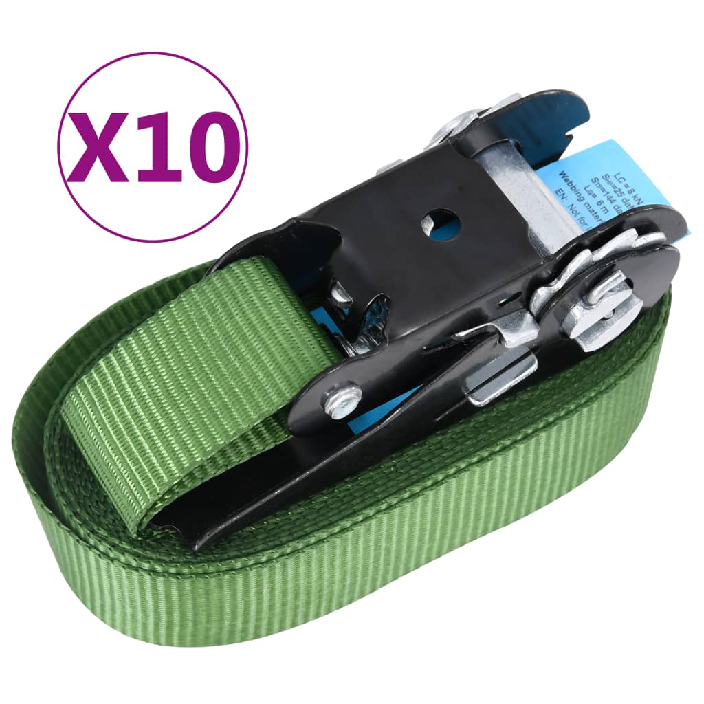 vidaXL Chingi de fixare cu clichet, 10 buc., verde, 6 m, 800 daN