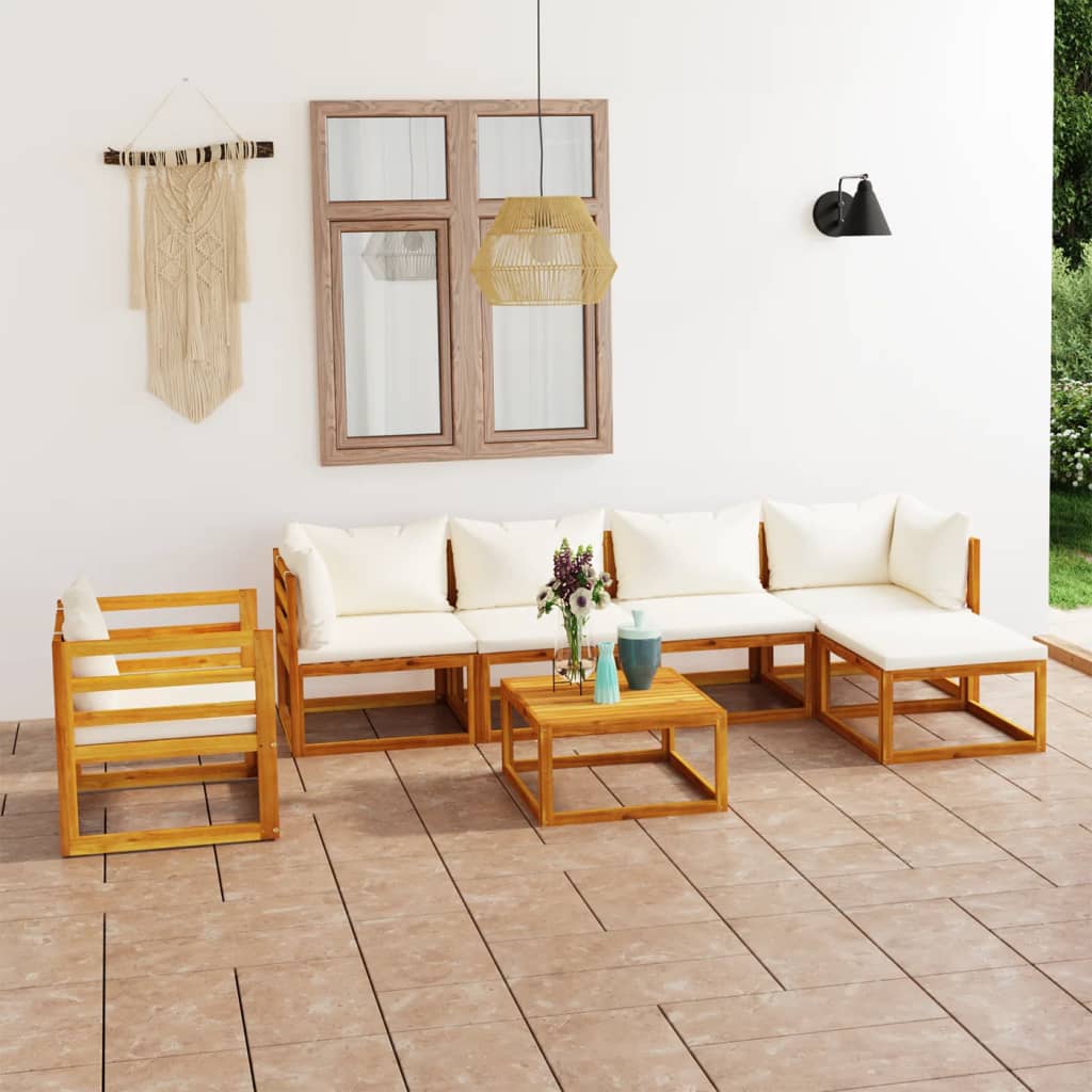 7-tlg. Garten-Lounge-Set mit Auflagen Creme Massivholz Akazie