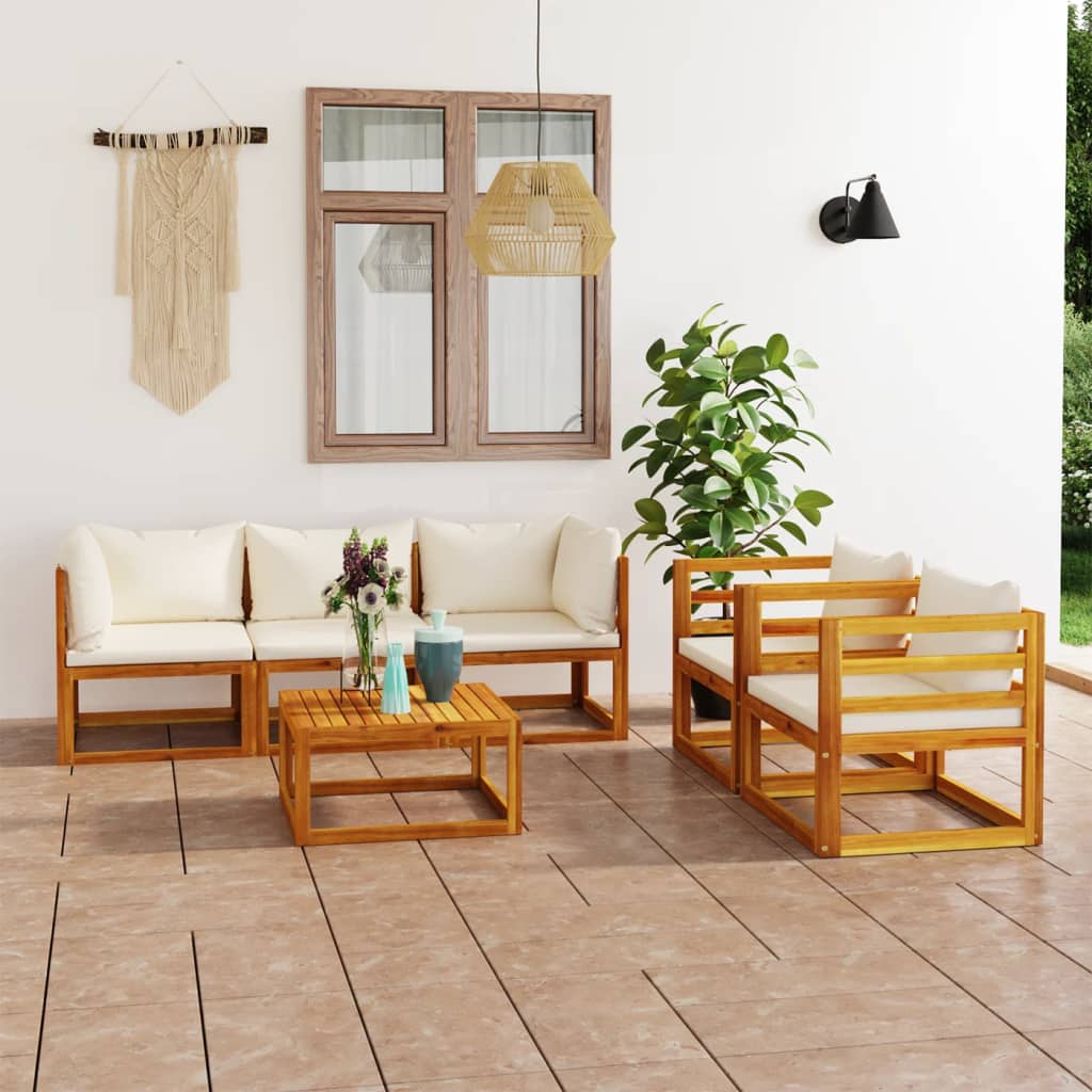 6-tlg. Garten-Lounge-Set mit Auflagen Creme Massivholz Akazie