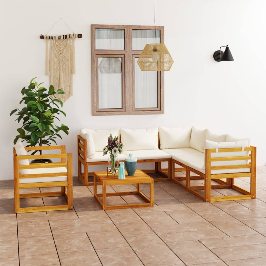 Salon de jardin 7 pcs avec coussin Crème Bois d'acacia solide