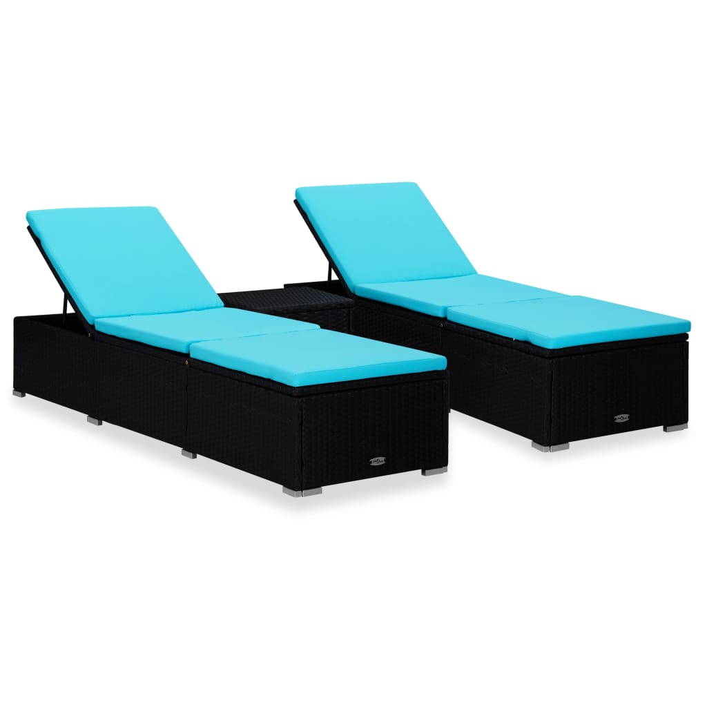 

vidaXL 3 Piece Patio Sun Loungers with Tea Table Poly Rattan Black