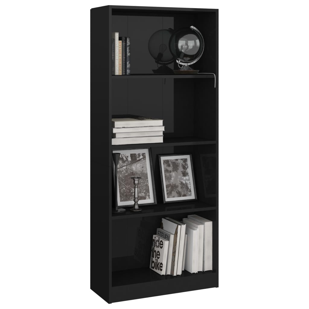 vidaXL 4-Tier Book Cabinet High Gloss Black 23.6"x9.4"x55.9" Engineered Wood