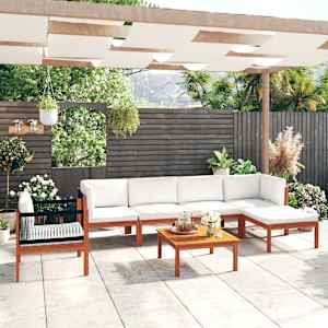 7-delni vrtni sedežni komplet z blazinami krem les akacije in vrv