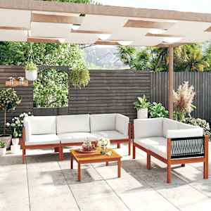 6-delni vrtni sedežni komplet z blazinami krem les akacije in vrv