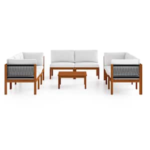 vidaXL Salon de jardin 9 pi&egrave;ces avec coussins, bois d'acacia cr&egrave;me et corde