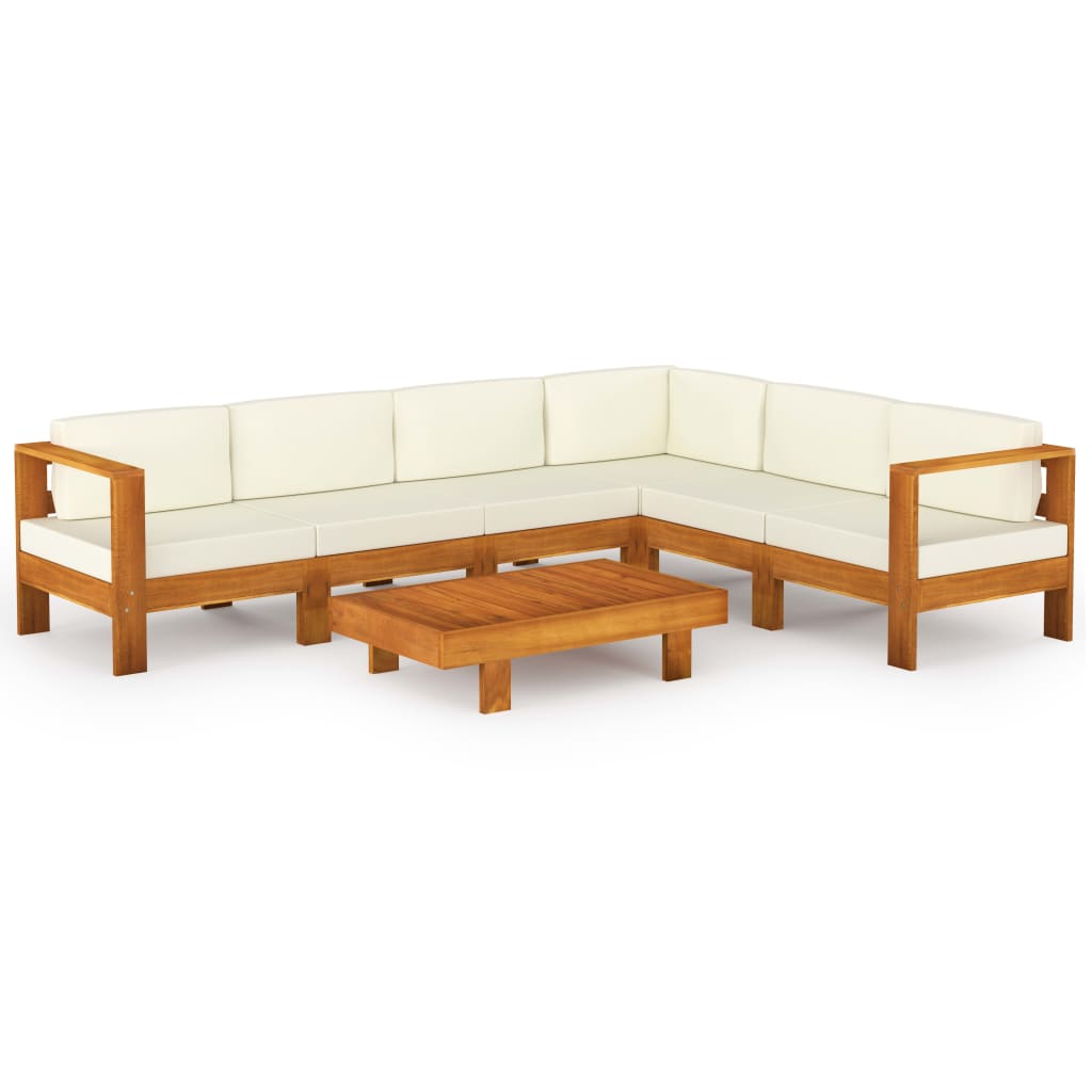 Poza vidaXL Set mobilier gradina perne alb/crem, 7 piese, lemn masiv acacia