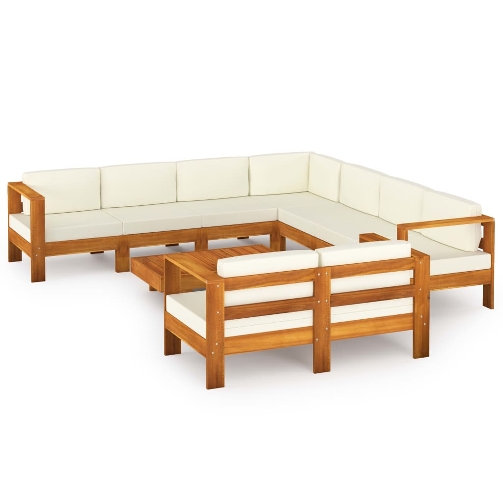 Poza vidaXL Set mobilier gradina perne alb crem, 9 piese, lemn masiv acacia