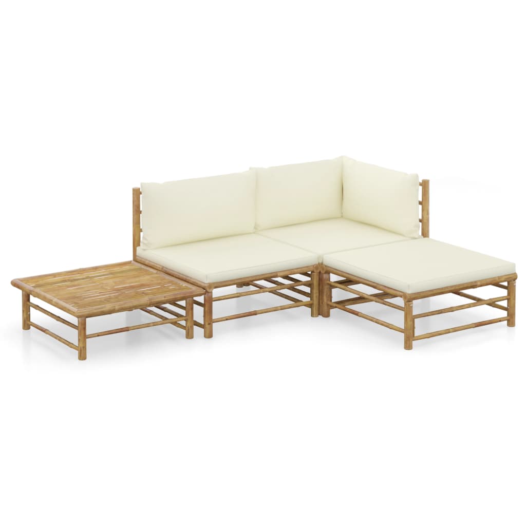 Set de muebles de jardín 4 piezas bambú y cojines blanco crema