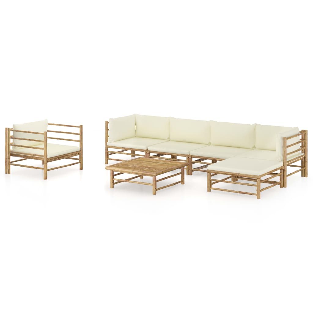 vidaXL Set mobilier de grădină cu perne alb crem, 7 piese, bambus alb