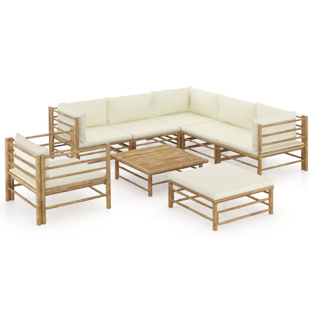 vidaXL Set mobilier de grădină, 8 piese, perne alb crem, bambus vidaXL