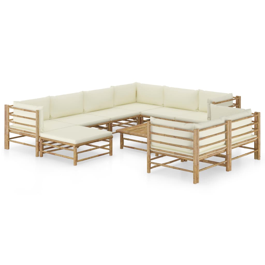 vidaXL Set mobilier de grădină, 10 piese, perne alb crem, bambus vidaXL