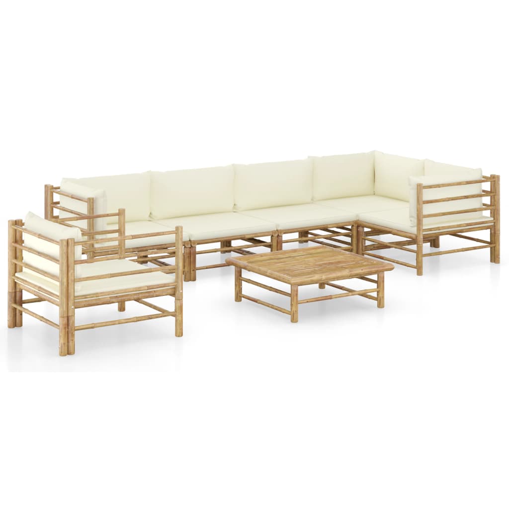 vidaXL Set mobilier de grădină cu perne alb crem, 7 piese, bambus Alb imagine noua