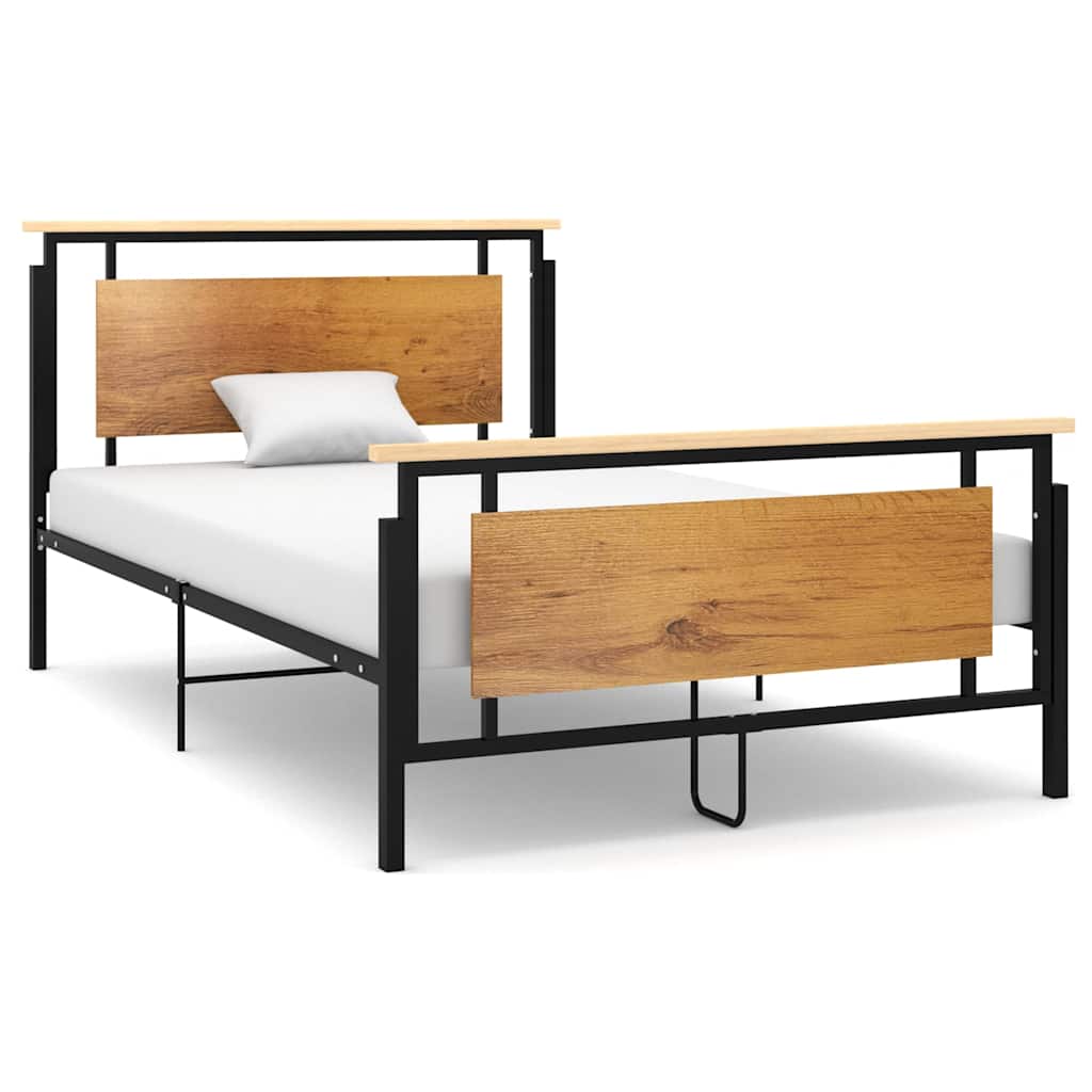 Sengeramme 120×200 cm i metal med egetræsdetaljer - sort