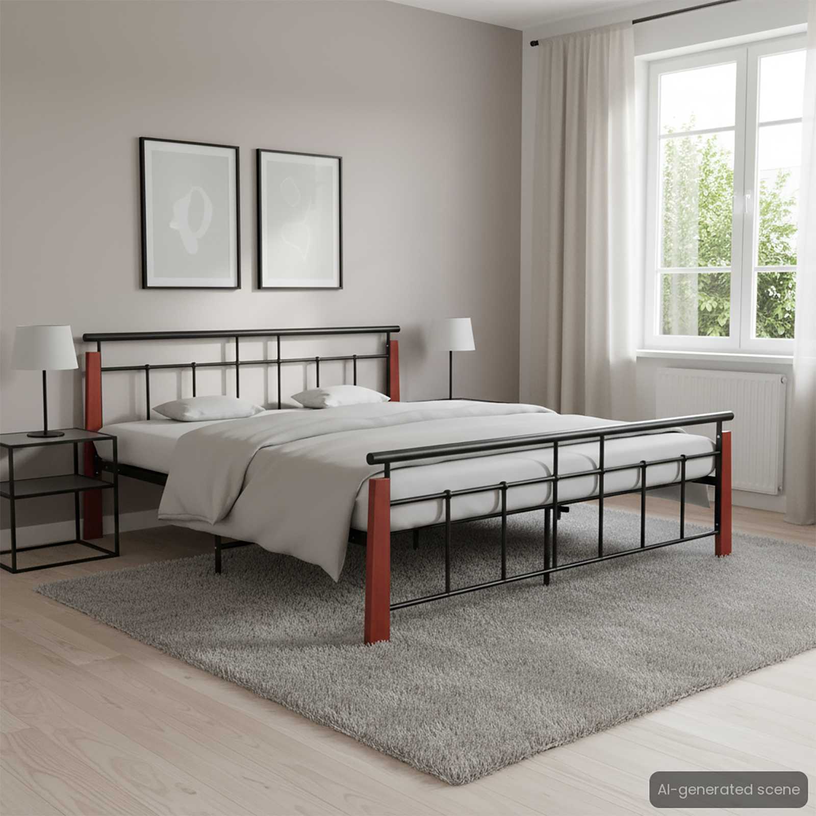 Black and dark oak bed frame with powder-coated metal, front view in a bedroom setting.