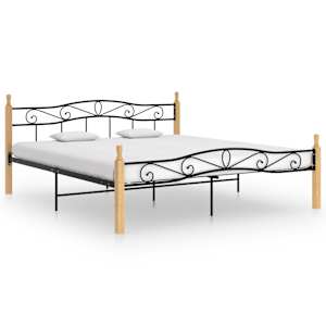 Rám postele černý kov a masivní dubové dřevo 200 x 200 cm - obrázek 1