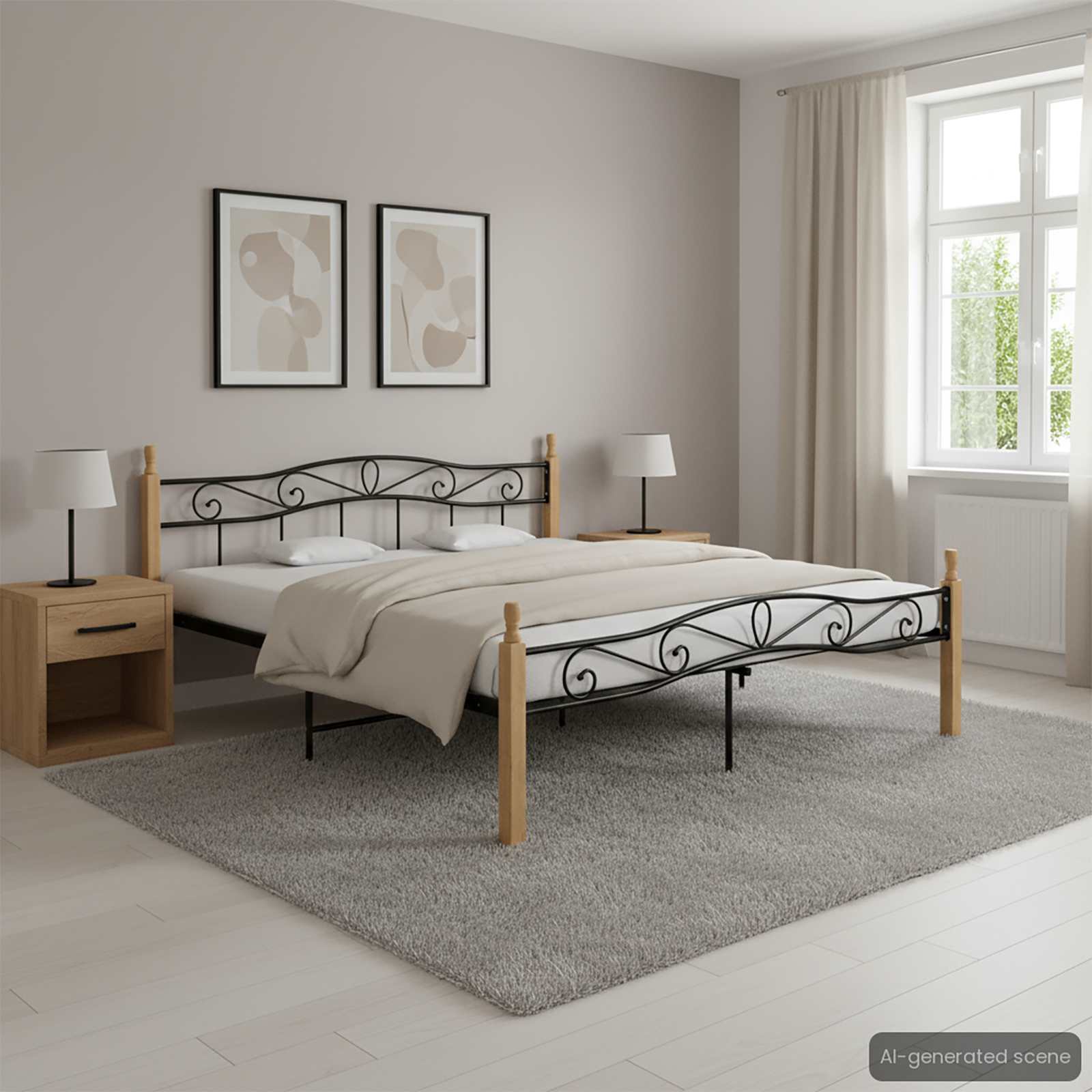 Posteljni okvir črna kovina in trdna hrastovina 200x200 cm