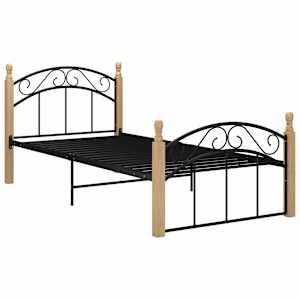 vidaXL Bed Frame without Mattress Black Metal&Solid Oak Wood 90x200 cm