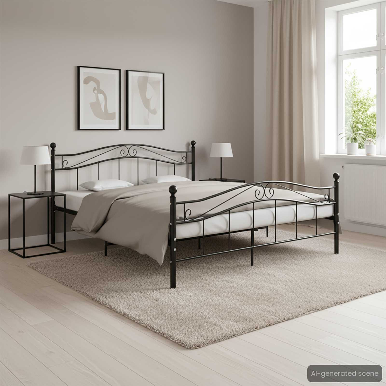 Sengestel 200x200 cm i sort metal med lameller