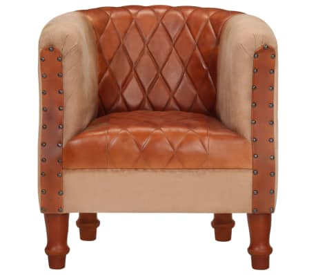 vidaXL Tub Chair Brown Real Leather and Solid Mango Wood