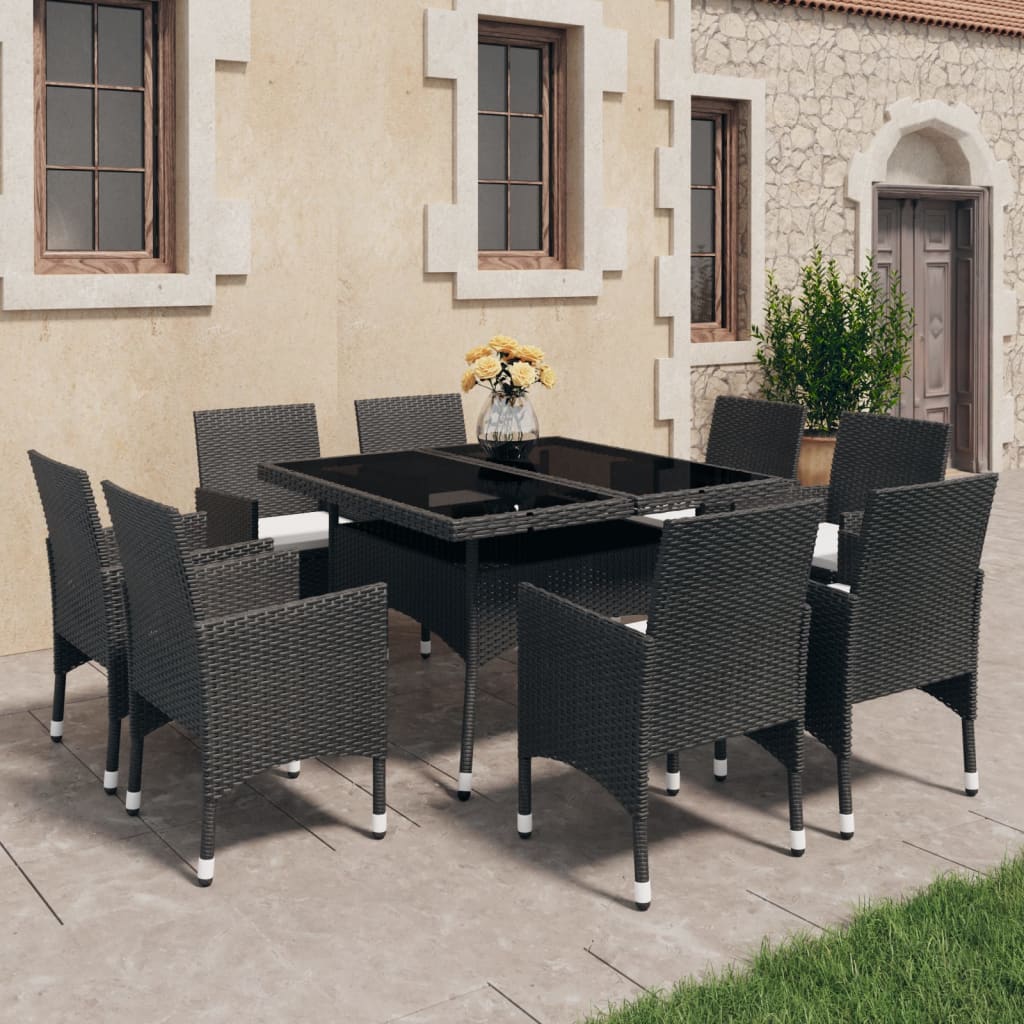 vidaXL 9-tlg. Garten-Essgruppe Poly Rattan und Glas Schwarz