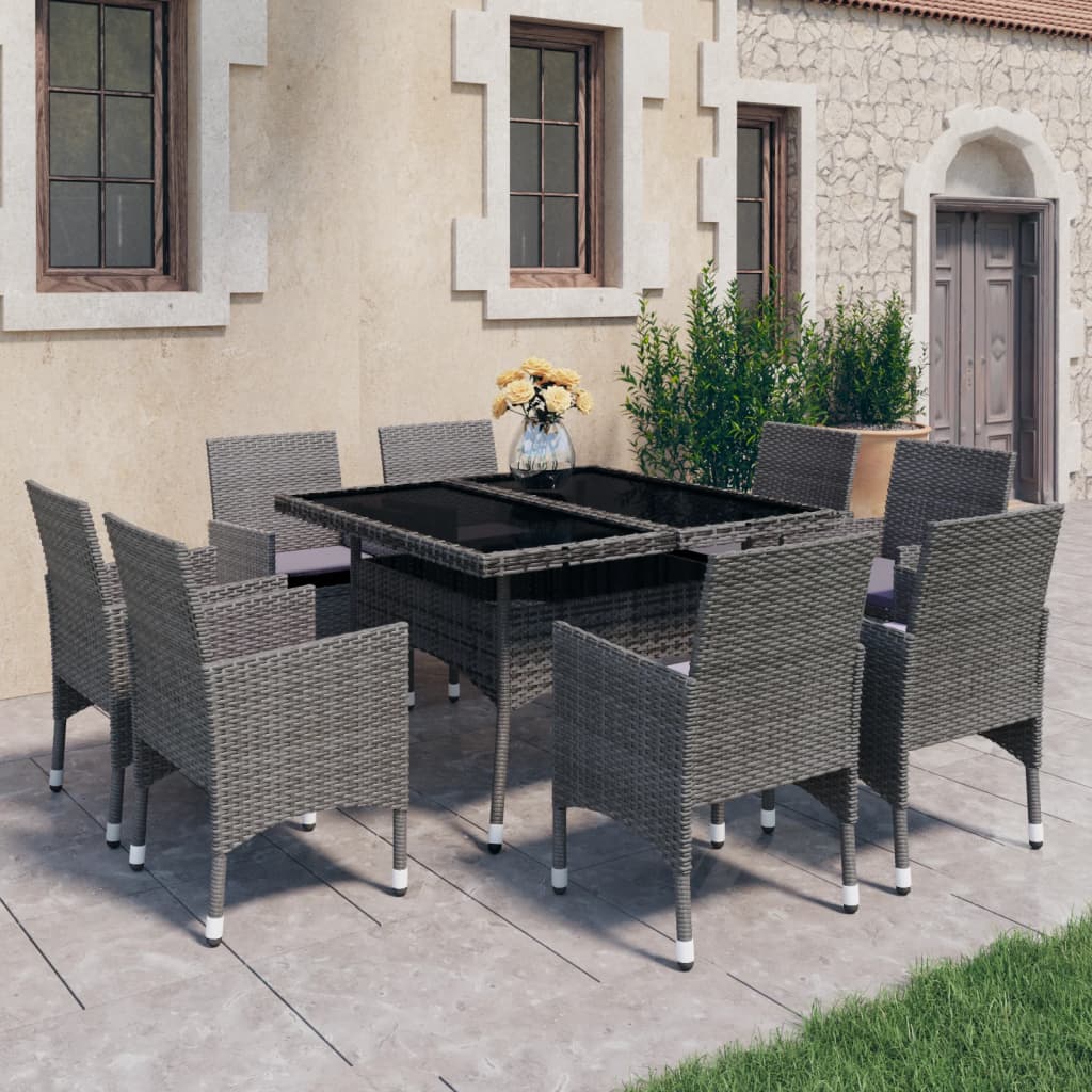 Vidaxl Set Mobilier De Gradina, 9 Piese, Gri, Poliratan Si Sticla