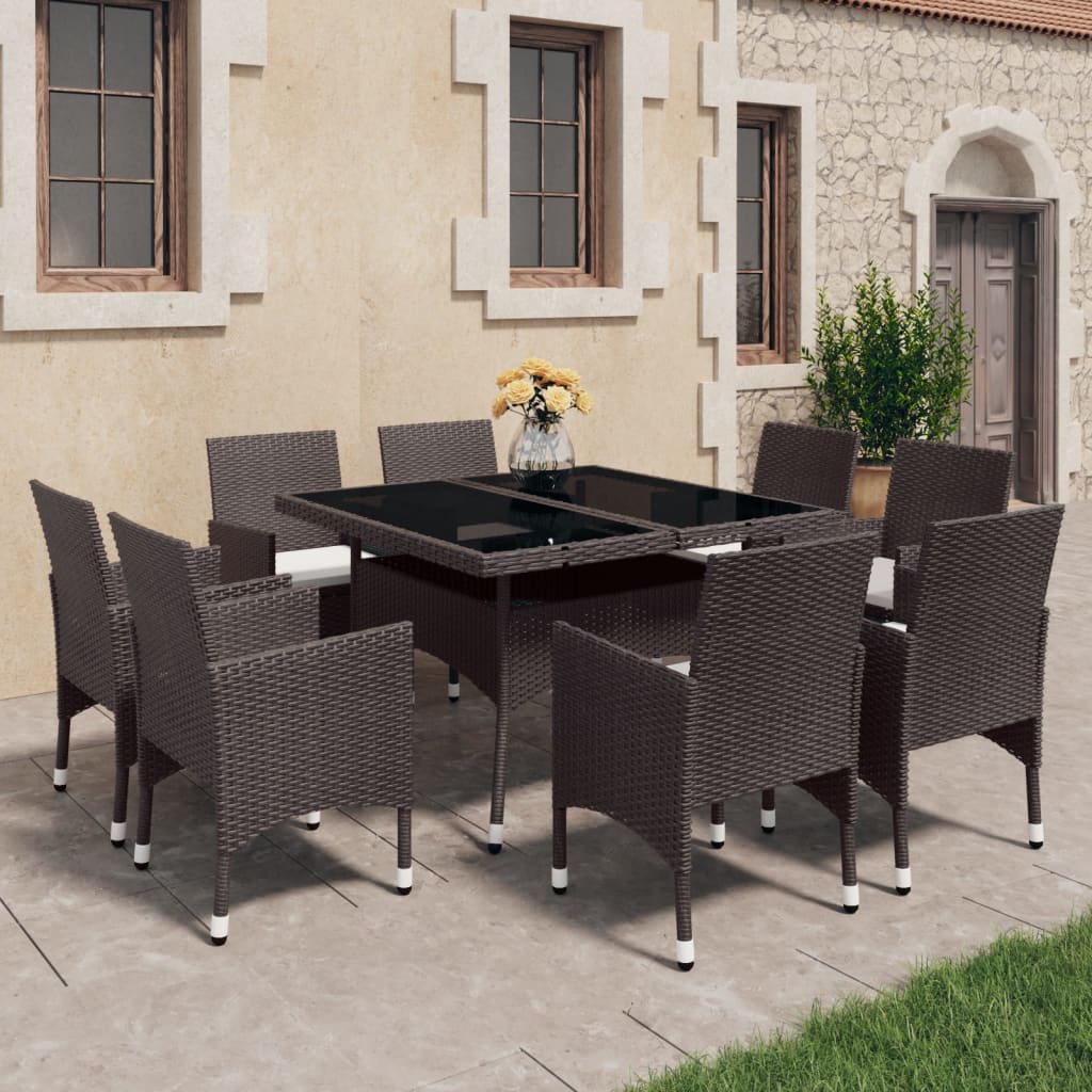 vidaXL 9-tlg. Garten-Essgruppe Poly Rattan und Glas Braun