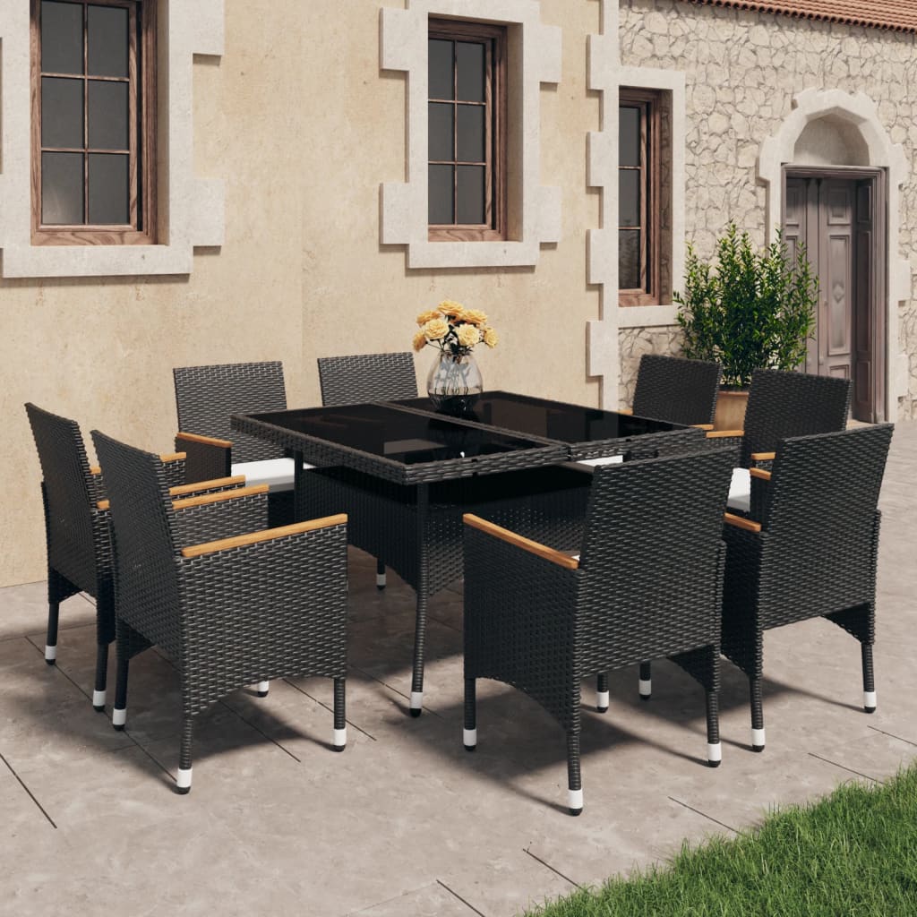 vidaXL 9-tlg. Garten-Essgruppe Poly Rattan und Akazienholz Schwarz