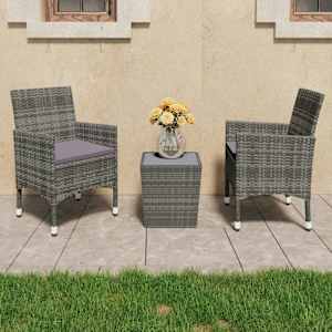 Bistro garnitura 3-delna poli ratan in kaljeno steklo siva