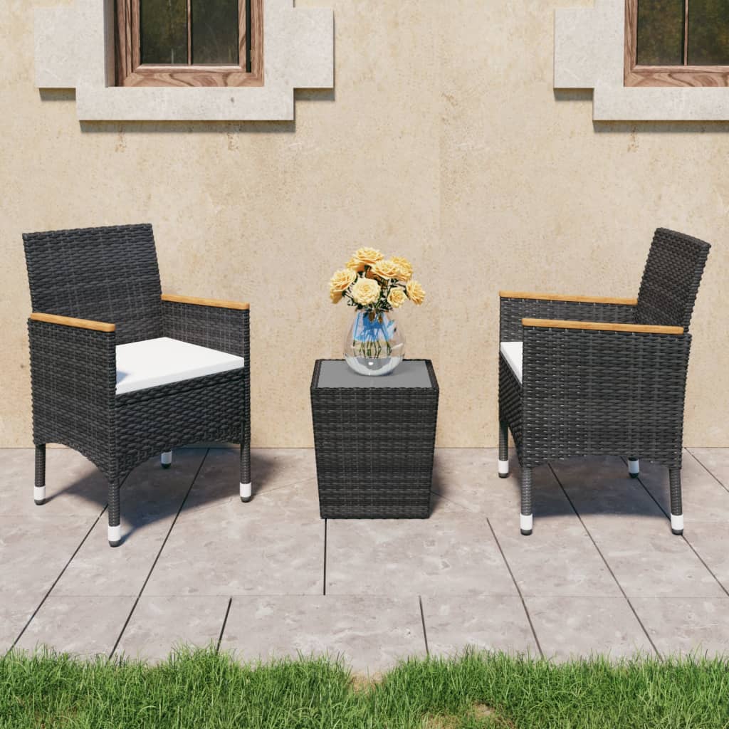 vidaXL 3-tlg. Bistro-Set Poly Rattan und Hartglas Schwarz