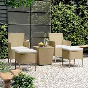 Vrtna bistro garnitura 5-delna poli ratan in kaljeno steklo bež