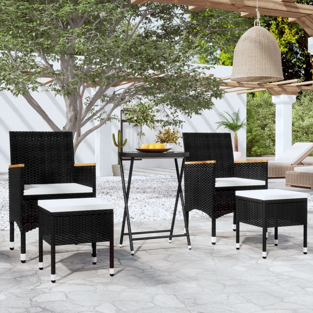 Set da Bistrot per Giardino 5pz Polyrattan Vetro Temperato Nero