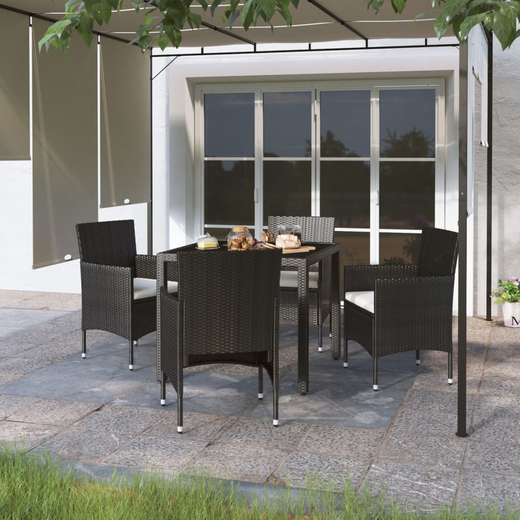 vidaXL 5 Piece Garden Dining Set Poly Rattan and Tempered Glass Black