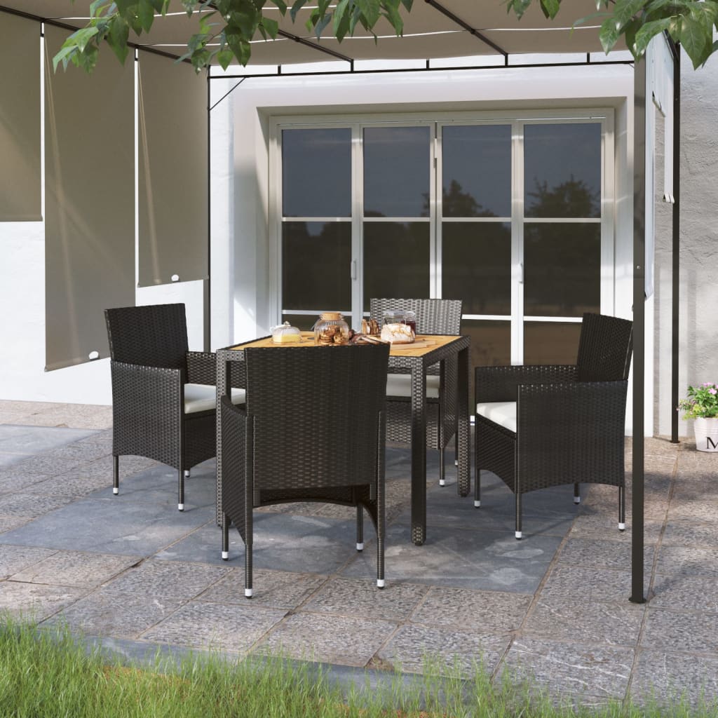 TopSellers-Garden Dining Set - Black Poly Rattan Acacia Wood 5 Piece