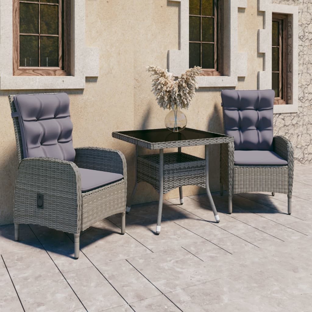 vidaXL 3-tlg. Garten-Essgruppe Poly Rattan und Glas Grau