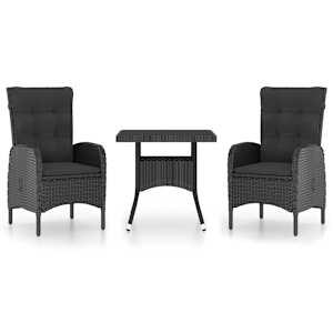 Vrtna jedilna garnitura 3-delna poli ratan in steklo črna - slika 2