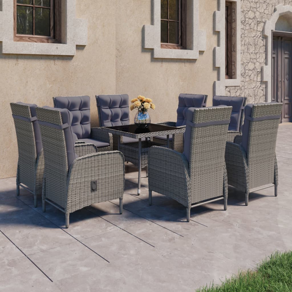 vidaXL 9-tlg. Garten-Essgruppe Poly Rattan und Glas Grau