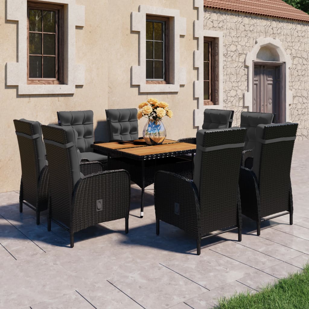 Vidaxl Set Mobilier Gradina, 9 Piese, Negru, Poliratan Si Lemn Acacia